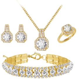 4pcs Cubic Zirconia Wedding Jewelry Sets for Bride Bridesmaid Cubic Zirconia Pendant Necklace Earrings Link Tennis Bracelet Open Ring Set for Women Birthday/Valentine's Day/Mother's Day/Christmas (Gold Plated White Cubic Zirconia)