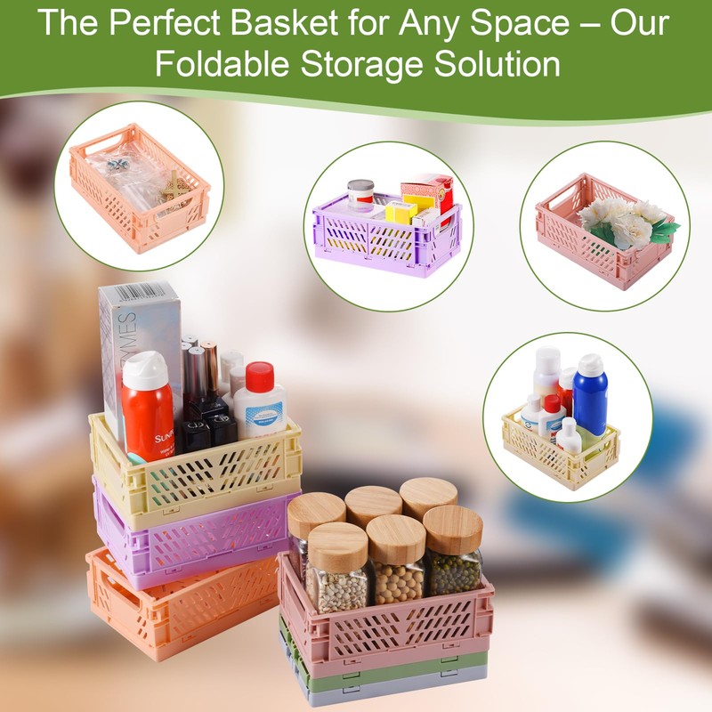 HUUSMOT 6-Pack Small Pastel Plastic Storage Baskets, Collapsible Crates for