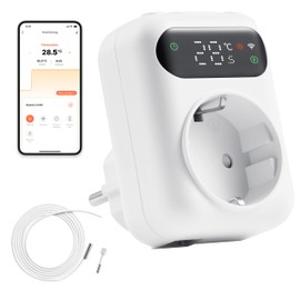 ezAIoT WLAN Socket Thermostat with Timer for Heating and Cooling - Digital Temperature Controller with 3 m Sensor for Greenhouses and Aquariums, 230 V, LED Screen