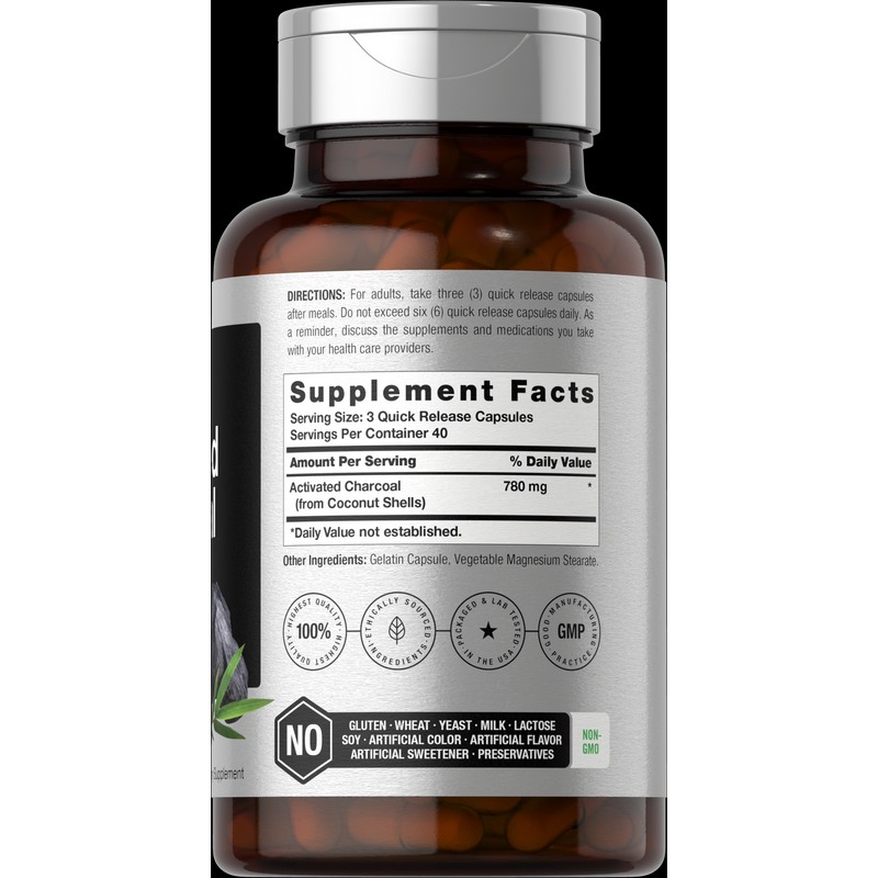 Horbäach Activated Charcoal Capsules 780mg | 120 Count from Coconut