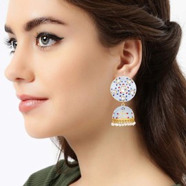 Aheli Meenakari Enamel Pearls Kundan Jhumki Jhumka Stylish Printed Dangle Earrings with Faux Beaded Tassel, Jewelry Gift for Women