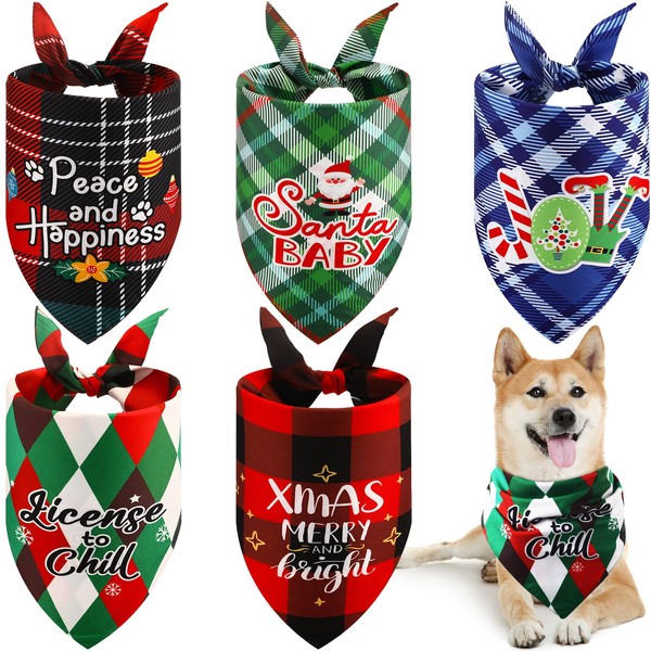 Sanwuta 5 Pcs Christmas Dog Bandanas Funny Plaid Dog Triangle
