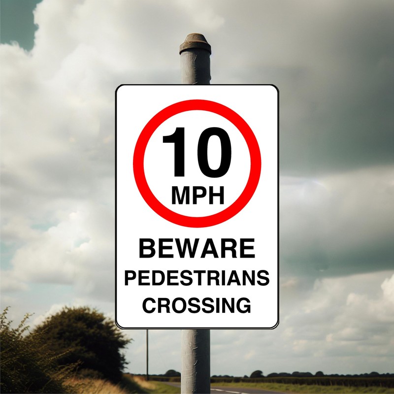 10mph beware pedestrians crossing- 1.2mm Rigid plastic high-visibility and durability