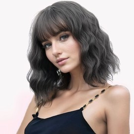 VCKOVCKO 12Inches Loose Wave Bob Wig Wavy Grey Bob Wig with Air Bang Curly Hair Wigs Synthetic Cosplay Party Wigs for Women (12Inches,Deep Grey)