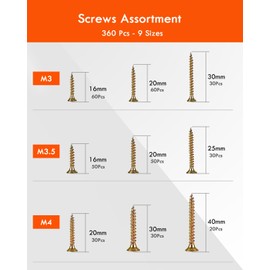 Gorffy Wood Screws, 360 PCS Color Zinc Screws, Countersunk Wood Screws Assortment, Multi Use High Performance Self Tapping Screws, Assorted Wood Screws For DIY, Furniture & Repairs