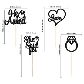 Gyufise 24 Pack Black Glitter He Asked She Said Yes Cupcake Toppers Glitter Heart Ring Cupcake Picks Decorations for Wedding Engagement Bridal Shower Party Supplies