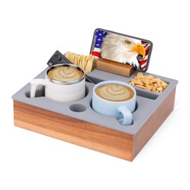 Hitseon Couch Cup Holder Tray, Portable Silicone Acacia Wooden Double Cup Holder for Couch, TV Tray with 360°Rotating Phone & Pad Holder, Anti-Spill TV Tray for Living Room Car Grey