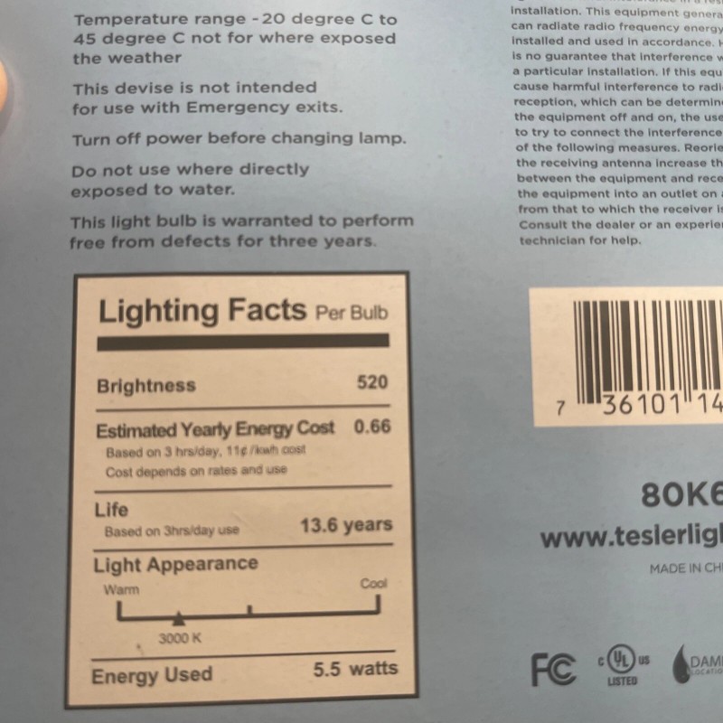 Watts Tesler Filament LED Light Bulbs E26 Base 60W 5.5W