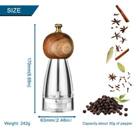 Premium Acrylic Salt and Pepper Mill Set, 6.7 Inches Acacia Wood Grinder with Adjustable Coarseness Mill, Refillable Manual Salt Grinder, Enjoy Fresh Ground Pepper Sea Salts & Various spices