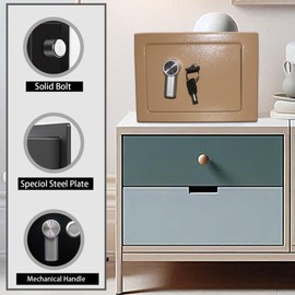 Yuanshikj Steel Safe Box - Key Locked, 0.2 Cubic Ft Small Home Safe for Cash & Jewelry (LIGHT GOLD)