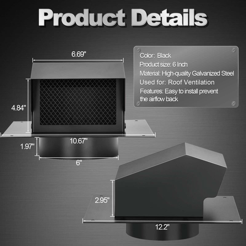 Trivd Frol 6 Inch Roof Vent Cap, Heavy Duty Galvanized