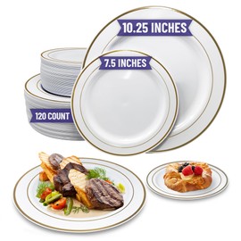 Reli. (120 Pcs Plastic Plates Disposable Combo | White w/Gold Rim | 10.25" Dinner Size (60 Pcs) & 7.5" Dessert Size (60 Pcs) | Heavy Duty Fancy Plates for Party, Wedding | Hard Plastic