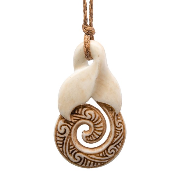 Earthbound Pacific Hand Carved Aged Bone Whale Tail Necklace with