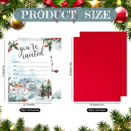 Whaline 25 Pack Christmas Party Invitation Cards Winter Woodland Robin Invitation Paper Cards with Dark Red Envelopes Xmas Holiday Watercolor Animals Party Invites
