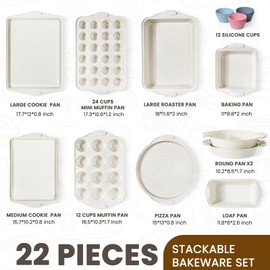 Kikcoin 22 PCS Nonstick Baking Pans Set, Stackable Bakeware Sets with Silicone Handles, 450°F Oven Safe Baking Sheet Set, Easy Release Cookie Sheets for Baking, Cream