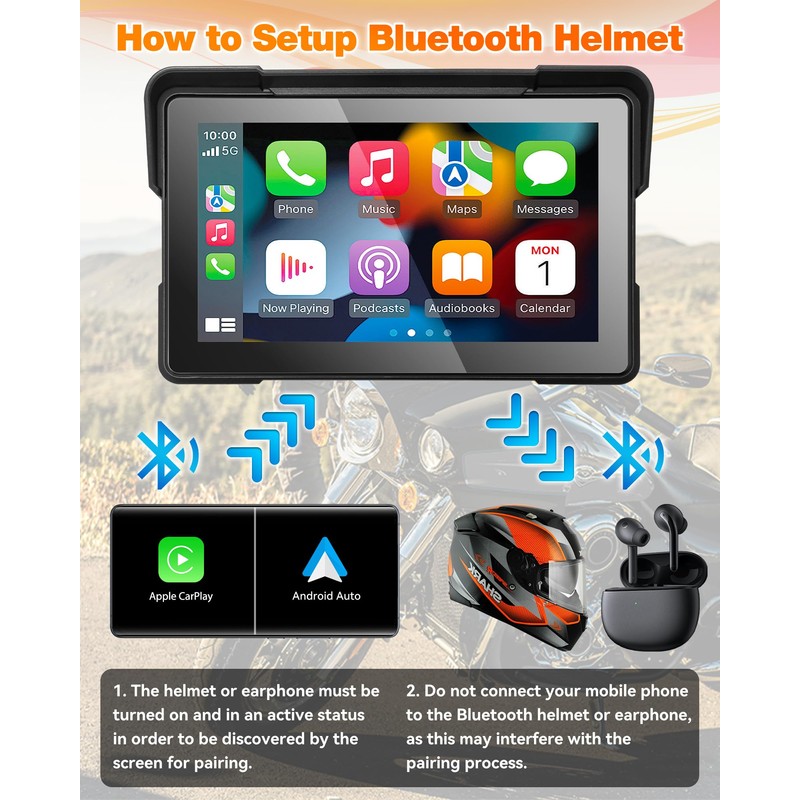 YHTIMIOX Motorcycle CarPlay Screen, 7 Inch Waterproof Touchscreen, Portable Carplay