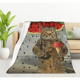 HGOD DESIGNS Funny Animal Cat Throw Blanket The cute cat is holding an umbrella in one paw and fruit ice cream in other Soft Blankets and Throws 100x130cm Caring for Women Men