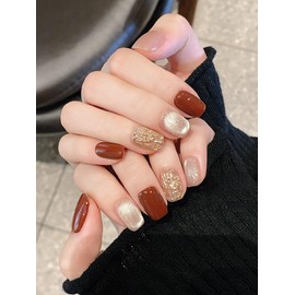 BIBII Nails Handmade Nail Tip, Red Gold, 3D Nails, Short, Floral Pattern, Spring and Summer, Korea, Popular, Short, 10 Pieces, Cat Eye Magnet, 100% Handmade Nails, Reusable Nail Tip, Cute, Simple,