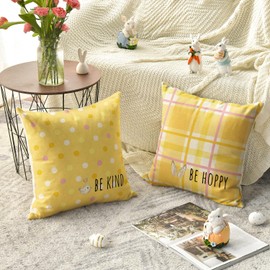 AVOIN colorlife Easter Rabbit Flower Buffalo Plaid Be Hoppy Yellow Throw Pillow Cover, 18 x 18 Inch Polka Dot Bird Be Kind Cushion Case Decoration for Sofa Couch Set of 4