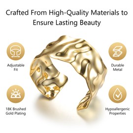 Milacolato Bangle Gold Women's Teardrop Hammered Chunky Cuff Bracelet Adjustable Open Wide Bangle Bracelets Irregular Statement Bracelet Golden Cuff Bracelets, Leather