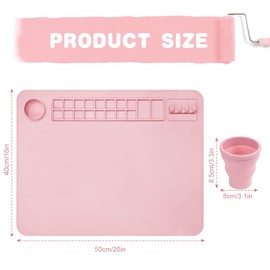 OSDUE Silicone Painting Mat, 20" x 16"Silicone Art Mat with Cup Silicone Mats for Crafts - Thick Large Silicone Artist Mat w/Cup and Raised Edge for Painting, DIY, Drawing, Clay and Play Doh - (Pink)