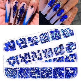 JERCLITY 1620pcs Blue Nail Rhinestones Gems Blue Stones for Nails Crystals Glass Round Beads 6 Sizes (1.5-4mm) Flatback Multi Shapes with Picking Pen for Nail DIY Crafts Clothes Shoes Jewelry