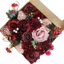 Boojarr Artificial Flowers Burgundy Pink Real Looking Fake Roses with Stems for DIY Wedding Bridal Bouquets,Home Party Table Centerpieces Arrangements Decorations Indoor Outdoor Valentines Decor