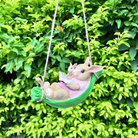 Cute Garden Swing Rabbit Outdoor Hanging Statues, Rabbit Parent and Child Reading in Swing Leaf Hammock for Desk Decor Patio Yard Home Decorations, 8.5"