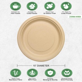 Disposable Bamboo Fibre Paper Plates l 10 inch (25cm) Round 50 Pack l Large Unbleached Natural Brown l 100% Compostable Eco Friendly Extra Strong Plate for Parties, Picnics, BBQ, Weddings