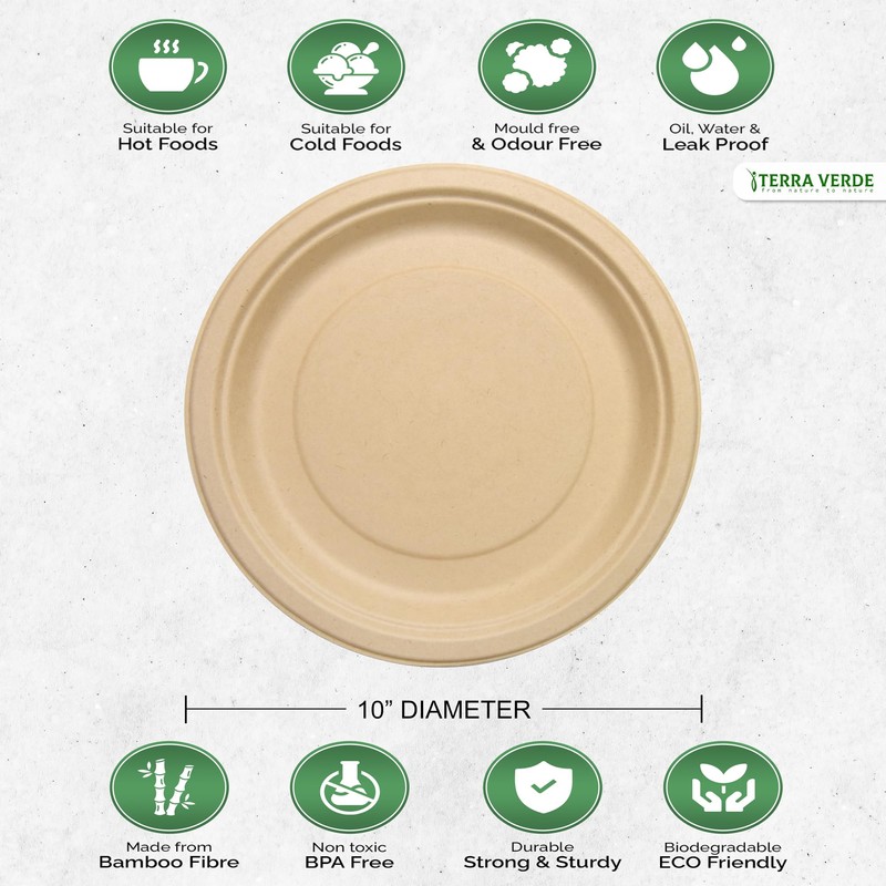 Disposable Bamboo Fibre Paper Plates l 10 inch (25cm) Round