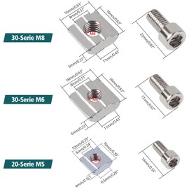 Yeepeo Pack of 20 T-Slot Nuts M8, Series 3030 M8 T-Nut Type B Carbon Steel T Slot Nut and Hex Socket Screw Connector Set for Aluminium Profile Extrusion Slot