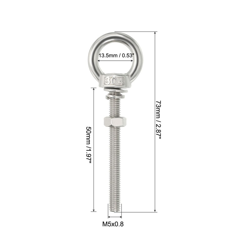 sourcing map M5 3/16"x1.97" Stainless Steel Eye Bolts Threaded Screw