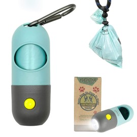 Dog Poop Bags Holder with LED Flashlight|Pet Waste Bags Dispenser for Leash|Doggie Potty Bags Container with Leak-proof Pet Trash Bags and Accessories (1 Holder 15 Bags, Crystal Blue)