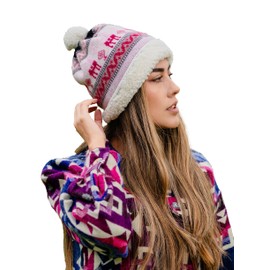 Alpaca Beanie for Men & Women, Alpaca Wool Winter Hat with Sheepskin Interior Coverage, Stylish Comfortable made by Otavalenos Artisans from Ecuador. (Pink, Varicolored)