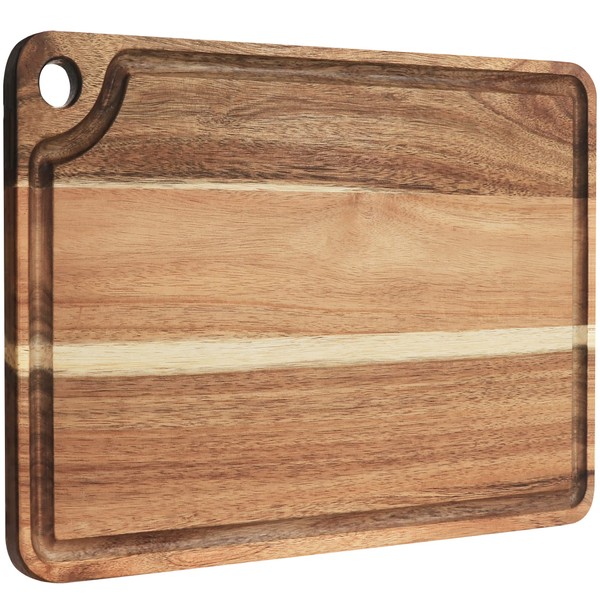 AZRHOM Large Wood Cutting Board for Kitchen 18x12 with Juice Groove Handle Non-slip Mats Hanging Hole for Meat Vegetables Cheese Chopping Board Butcher Block (Acacia)