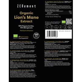 Organic Lions Mane Extract, 3000mg Lion's Mane Capsules High Strength | Certified Organic | 50% Polysaccharides, 15% Beta-Glucanes | 120 Vegan Capsules | Zenement