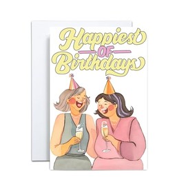 Funny Birthday Card for women, ladies. "The Happiest of Birthdays" featuring Two Laughing Ladies with Champagne.