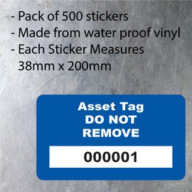 Print-72 Ltd 500 Number Blue Vinyl Asset Stickers/Labels, Waterproof, Sequentially Numbered 1 to 500, Digitally Printed, High Tac Vinyl, UV Ink, Made in UK