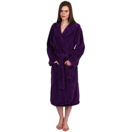 TowelSelections Women's Robe Soft Plush Fleece Hooded Spa Bathrobe Medium/Large Purple