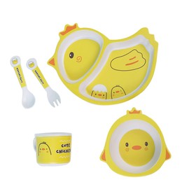 Fekdod Bamboo Kids Dinnerware Set 5 Pcs Includes Plate Bowl Cup Fork Spoon Perfect for Kids BPA-Free (Chicken)