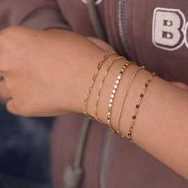 CAROVO Gold Bracelets for Women, 14K Gold Plated Bracelets for Women Bracelets Sets Dainty Box Lip Herringbone Paperclip Satellite Box Link Chain Anklet Bracelet Jewelry Gifts