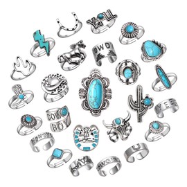 25Pcs Vintage Silver Knuckle Rings Set for Women Men, Western Cowgirl Cowboy Stackable Joint Finger Rings Open Stackable Midi Rings Retro Carved Stone Stacking Midi Adjustable Rings Bohemian Turquoise Boots Cactus Cow Head Rings Pack