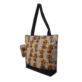 NGIL Medium Top Zipper Closure Canvas Tote Bag with Attached Matching Coin Purse For Moms, and Nurses (Cowboy Boots and Sunflowers-Black)