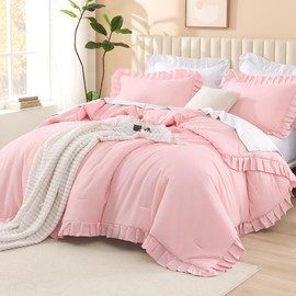 Litanika Pink Full Size Comforter Sets, 3 Pieces Ruffle Farmhouse Aesthetic Bedding Comforter Sets, All Season Soft Lightweight Fluffy Microfiber Bed Set(79x90In Comforter, 2 Pillowcases)