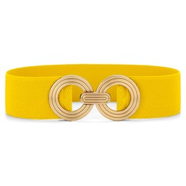 SANSTHS Women Wide Elastic Waist Belt With Gold Buckle, Fashion Hollow Out Round Gold Buckle Stretchy Belt for Ladies, Yellow XXL