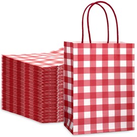 JarThenaAMCS 100Pcs Gingham Kraft Paper Bags With Handles Red White Checkered Treat Gift Bags Candy Goodie Bags for Christmas Baby Shower Birthday Party Favors Supplies