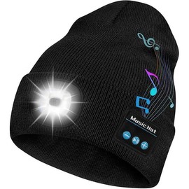 2025 Bluetooth Beanie with Light Wireless Beanie Hat with Headphones Built-in Speaker Mic Rechargeable LED Skullcap Winter Beanie Headlamp Cap Gifts for Men & Women Black - Color: Black 2