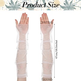 Prasacco White Pearl Bridal Gloves Long Tulle Bridal Sleeves Fingerless Wedding Gloves Elbow Length Sheer Arm Sleeves for Women And Girls