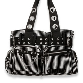 Convertible Belt Shoulder Bags with Grommets:_White Pinstripe Belt Shoulder Bag with Patch