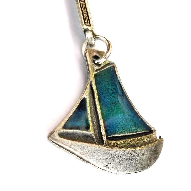 IconsGr Greek Sailboat with Two Blue Sailing Sailing Silver Keyring,